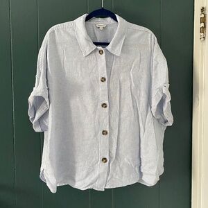 Short-Sleeve Buttoned-Down Linen-Blend Blouse Blue